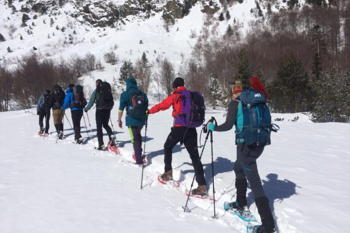 a group of people cross country skiing in the snow